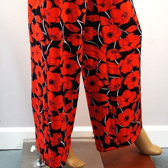 New York & Company Stretch Pants Wide Leg Poppy Flower Black Red Sz 0 Small - Picture 8 of 12